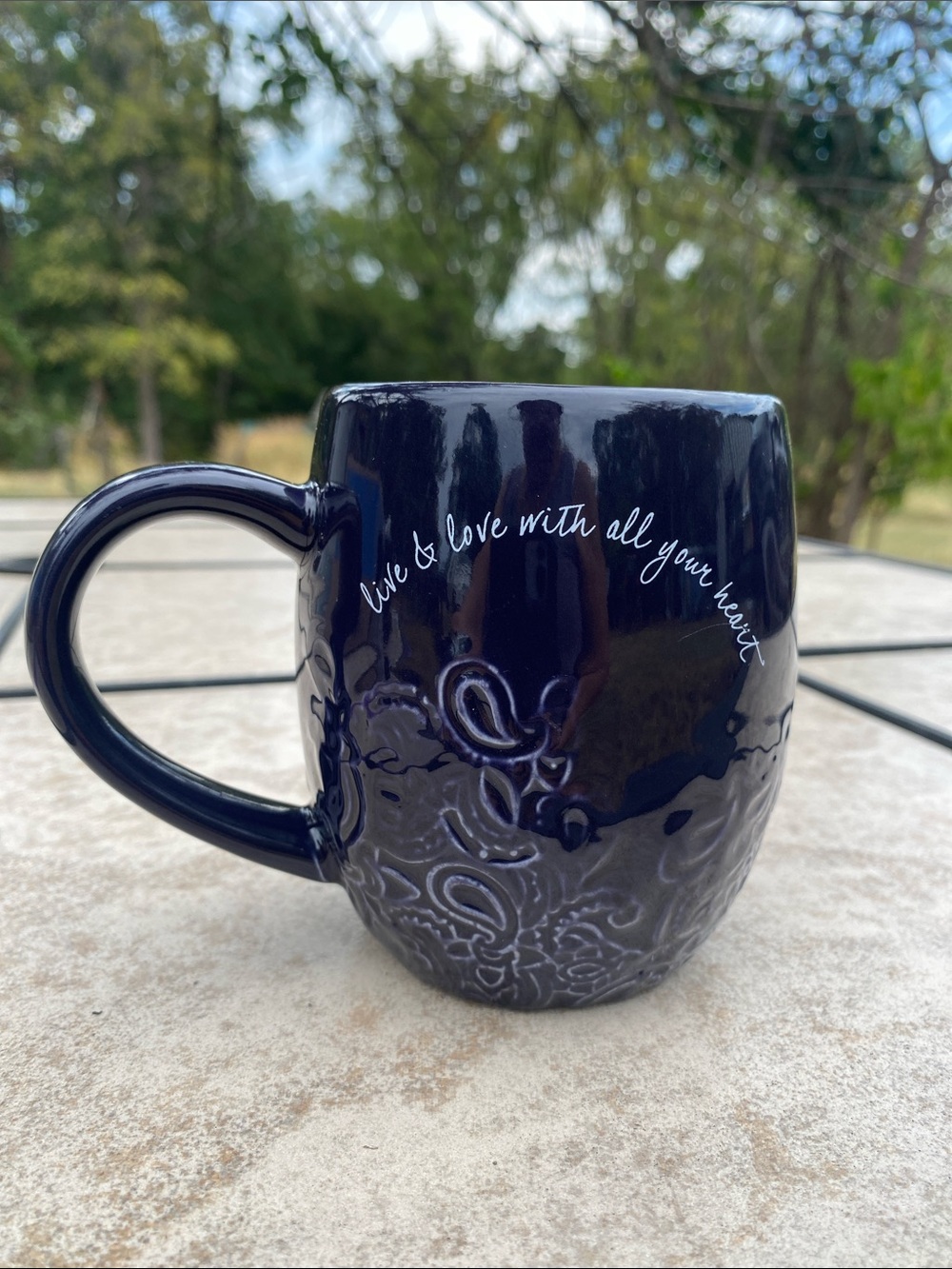 DaySpring Dark Navy Inspirational Ceramic Coffee Mug Script Embossed Accents